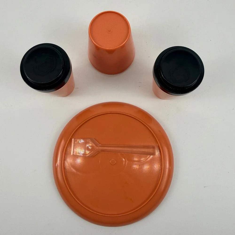 Retro Coral Pink‎ Plastic Condiment Caddy Salt Pepper Relish Jam Set 1970s